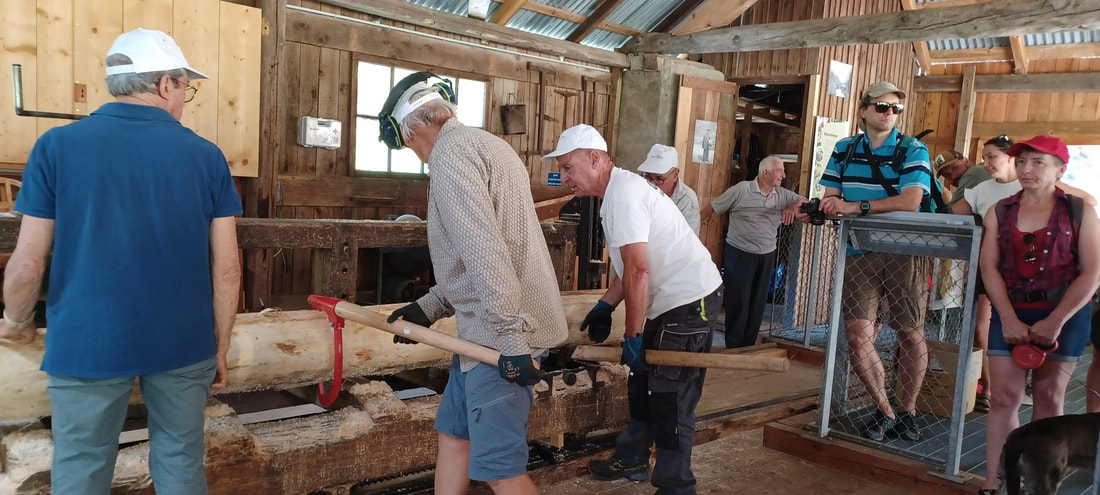Groupe d'élèves et d'accompagnants à la scierie des Ségoins